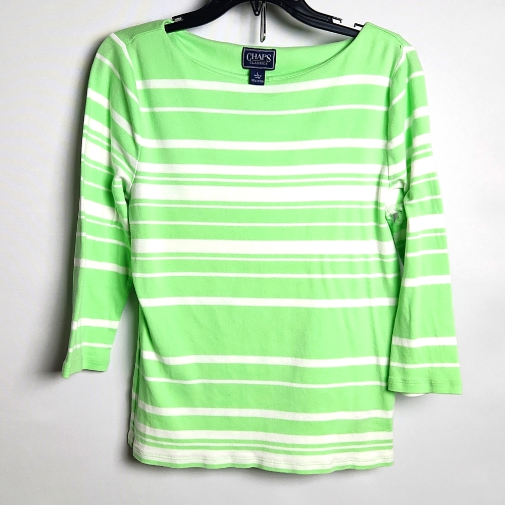 Chaps Green and White striped Top Boat neck 3/4 Sleeve Sz-L